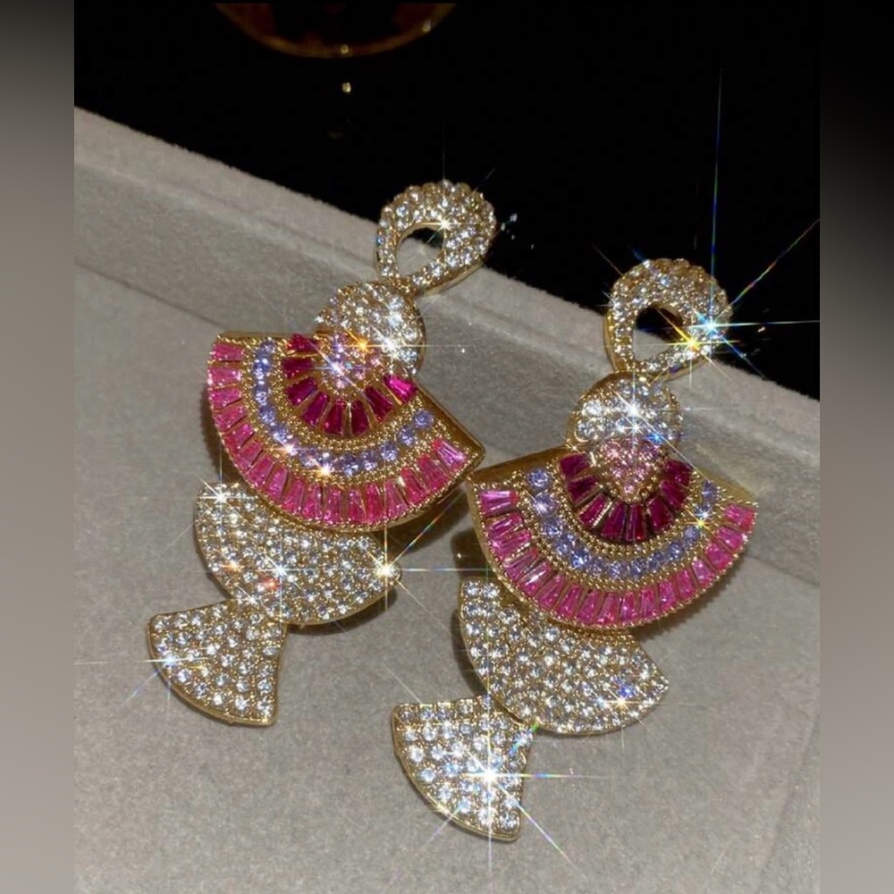 Gold-tone Pink Crystal Fan Drop Earrings
